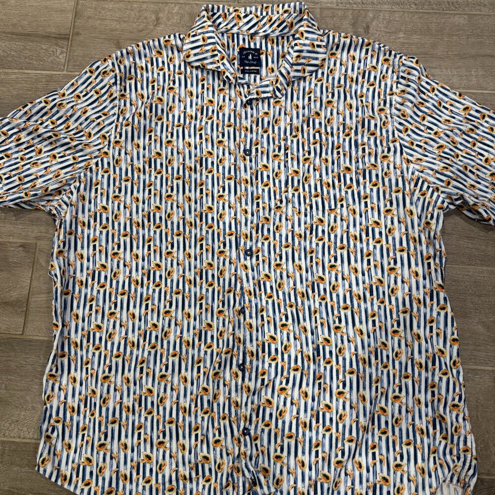 Johnnie-O Top Shelf Hawaiian Shirt XXL Blue White Papaya Stripe‎ Short Sleeve